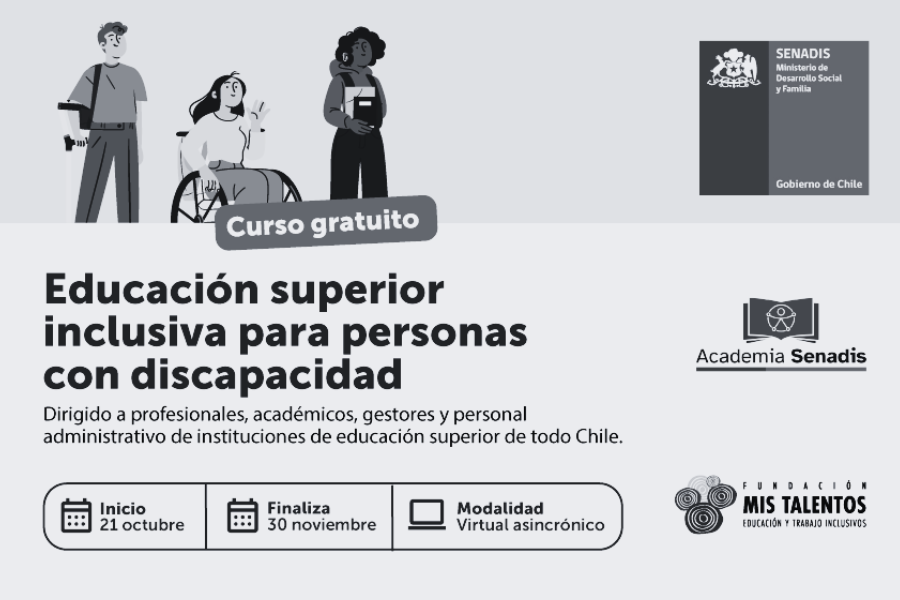 Gráfica del curso Educación Superior Inclusiva para personas con discapacidad financiado por SENADIS y desarrollado por Fundación Mis Talentos